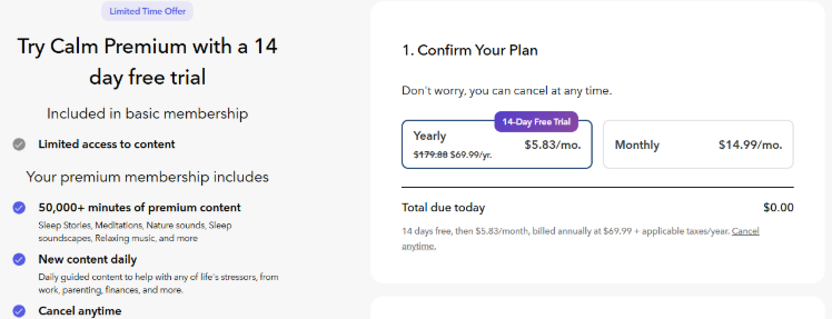 Calm 14 Day Trial Page