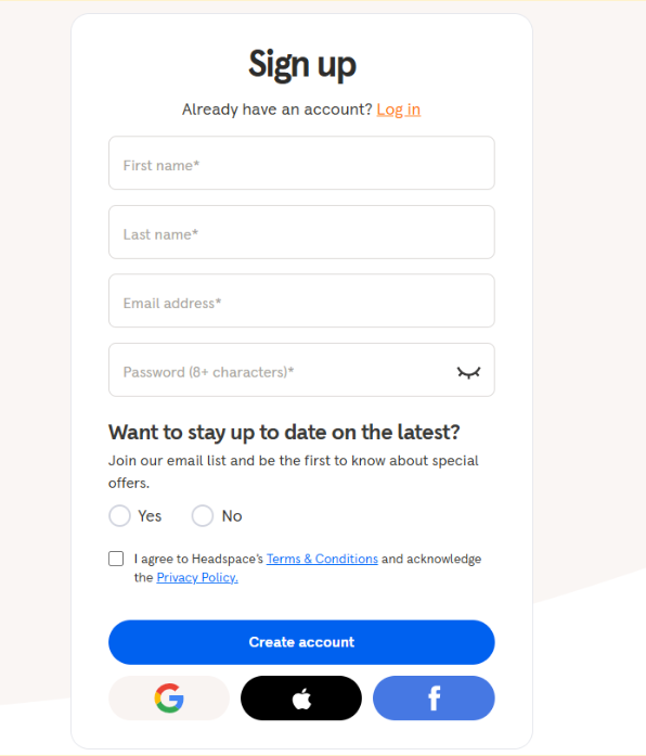 Headspace signup page